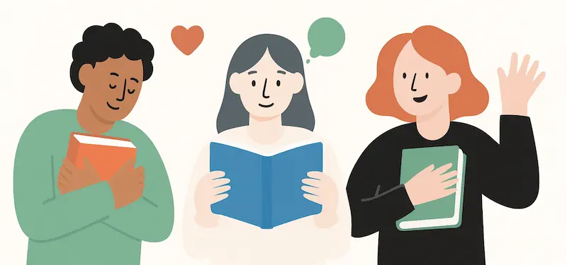 Três pessoas lendo livros com expressões de alegria e interesse